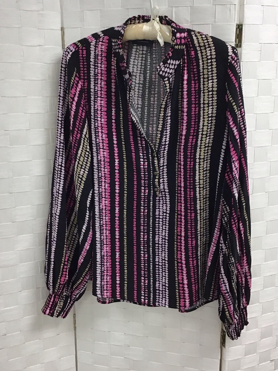 Maeve Tops - Maeve Black Blouse with Pink and Cream Vertical Dot Stripes
